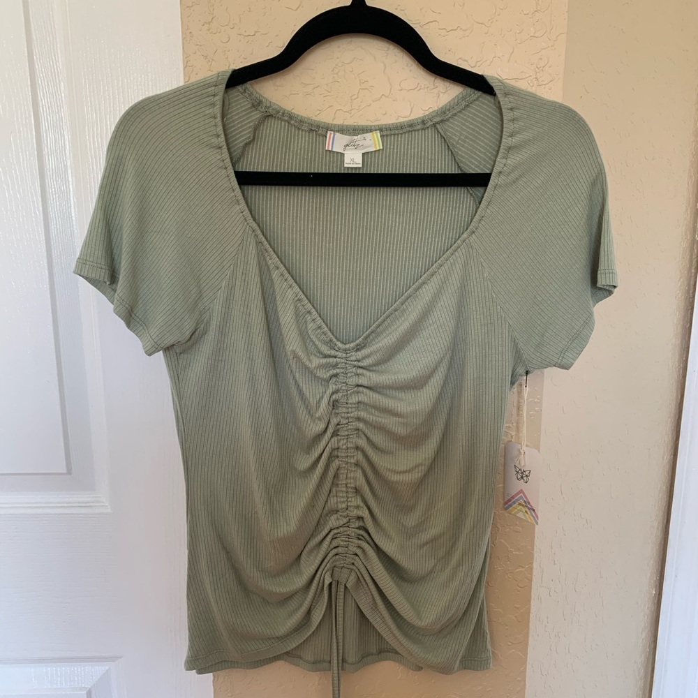 Sage Green Ribbed Drawstring Short Sleeve Top